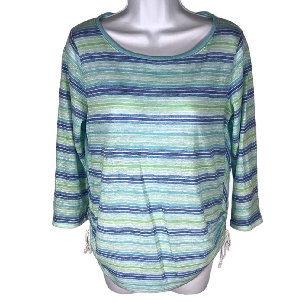 Talbots Blue Green Striped Linen Side Cinch Top Coastal Grandmother Linen MP